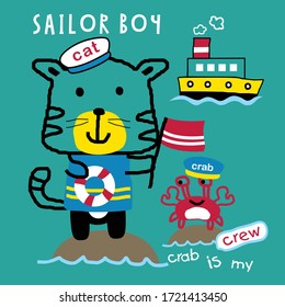cat and crab the sailorman funny animal cartoon, vector illustration