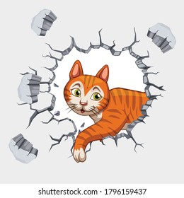 Cat crack wall cartoon vector art and illustration