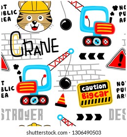 cat and crane seamless funny cartoon,vector illustration