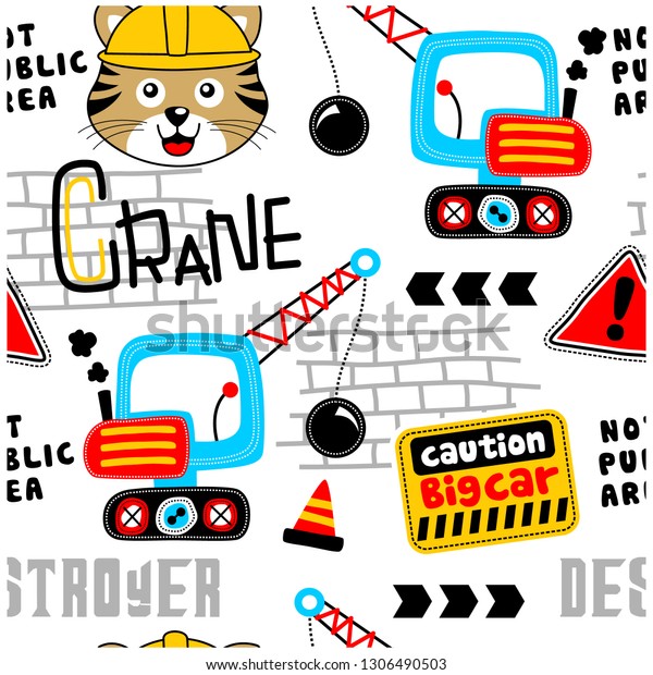 cat\
and crane seamless funny cartoon,vector\
illustration