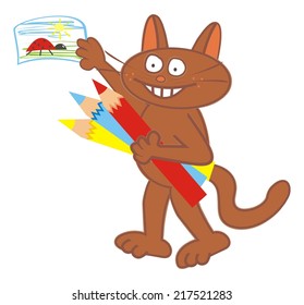 Cat and crayons, drawing, vector icon