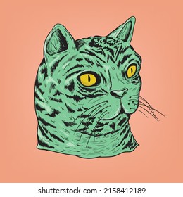 Cat. Creative design. Color portrait of a cat with yellow eyes close-up on a peach background. Digital vector graphics