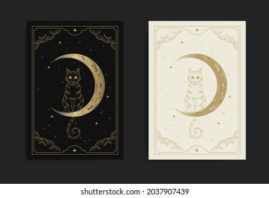 Cat and crescent moon in the night sky in carved, luxurious, esoteric, boho style. Suitable for spiritualists, psychics, tarot, fortune tellers, astrologers and tattoo