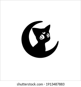 Cat And Crescent moon Symbol Logo  Tattoo Design  Vector Illustration 