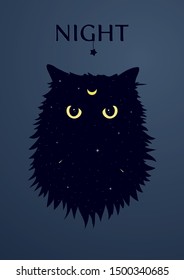 Cat with the crescent moon symbol on forehead. Angry cat silhouette with yellow eyes on the space background with stars and comets. Front view cat face. Vector Illustration. 