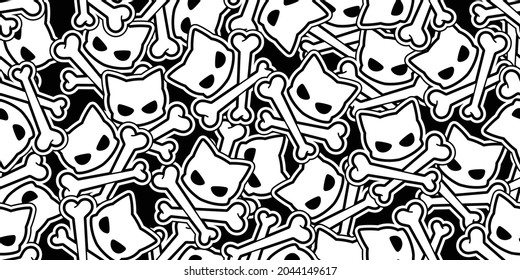 cat crossbones seamless pattern halloween vector dog pet cartoon skeleton spooky ghost tile background repeat wallpaper scarf isolated doodle illustration design