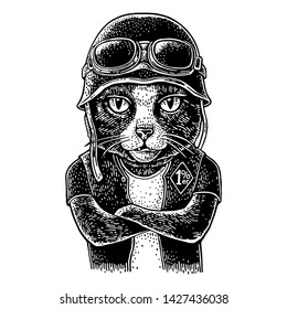 Cat with crossed paws dressed in the helmet and glasses. 1% lettering on the waistcoat. Vector hand drawn black vintage engraving. Isolated on white background. For poster and t-shirt biker club.