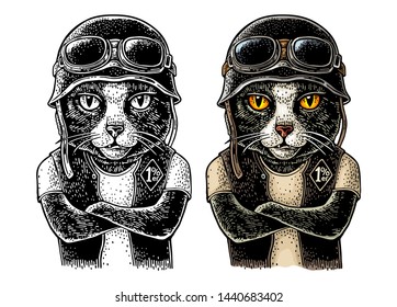 Cat with crossed paws dressed in the helmet and glasses. Vector hand drawn color vintage engraving. Isolated on white background. For poster and t-shirt biker club.