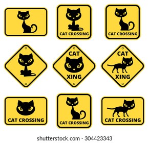 Cat crossing the street - funny joke road sign. Vector EPS8
