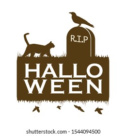 A cat and the crow on the headstone with Halloween Lettering 