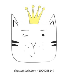 Cat with crown for apperel vector print. Cats rule the World. For t-shirt or other uses,T-shirt graphics textile graphic