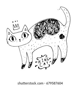 Cat in the crown with a black spot on its side inscription cat king ,painted hand-drawn black and white on a white background ,for a children's book print on a t-shirt,  animal illustration
 