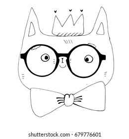 Cat in the crown with a bow and sunglasses ,cute cat, hand drawn graphic,coloring book for children