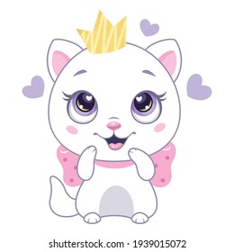 Cat with crown delighted, happy kitten princess vector cartoon illustration