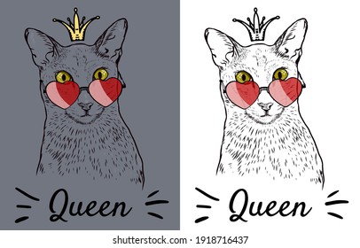Cat in a crown and glasses in the shape of hearts, the inscription Queen. Sketch, two options. Gray background. For printing on T-shirts other textiles and cups. Stock vector image, illustration