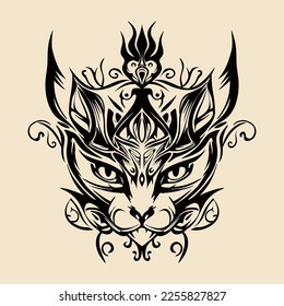 Cat with Crown Hand Drawn tribal vintage Illustration