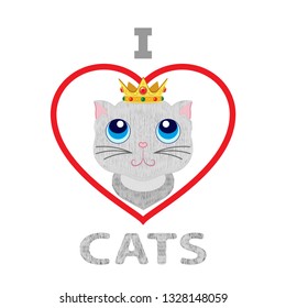 cat with a crown on his head, without background, isolated. Print for t- Shirt for kids 
