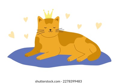 A cat with a crown on his head is lying on a pillow. Vector cartoon flat illustration
