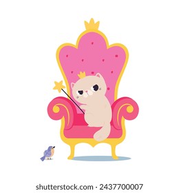 Cat in Crown on Throne with Magic Wand as Fairy Tale Character Vector Illustration