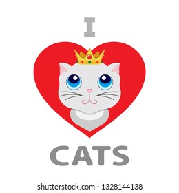 cat in a crown in a red heart. Heart replacesthe word "lowe". Print for t-Shirt for kids. Without a background, isolated.