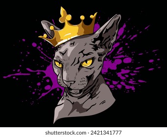 Gato en una corona con salpicaduras en un fondo oscuro. Rey agresivo y malvado de esfinge. Impresión brillante en una camiseta. Ilustración vectorial de material.