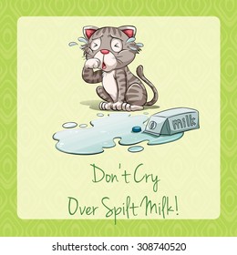 Cat Crying Beside Spilt Milk Illustration