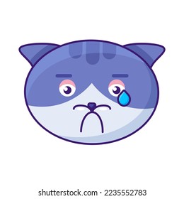 Cat crying expression cute facial emoji vector. Kitten furry animal sad cry with tear drop on face, injured and unhappy mood. Depression and upset smile emotion. Emoticon flat cartoon illustration