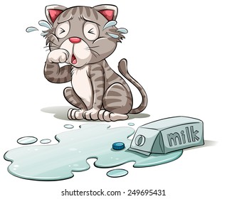 A Cat Crying Over A Spilt Milk On A White Background