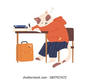 Cat cub sleeping at desk while studying in school. Cute animalistic childish character wearing clothes at lesson. Flat vector cartoon illustration of kitten pupil with pile of books isolated on white