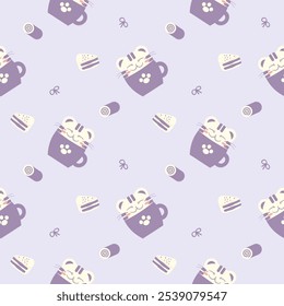 Cat in cup cartoon so cute. On cake roll cake knot purple background. Pattern seamless vector illustration. 