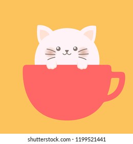 Cat in cup. Cartoon vector illustration in flat style