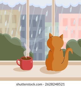 Cat, cup of coffee, window, city, rain. Red Cat sits near the window. Rain in the city. Autumn illustration.