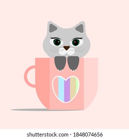 Gato en una copa. Lindo grisáceo en una copa rosada con corazón. Ilustración vectorial. Feliz Día de San Valentín.