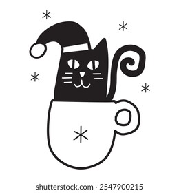 Cat in a cup. Isolated icon. Outline illustration on white background. Black color.