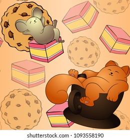 Cat in a cup and mouse with a cookie, vector pattern