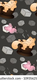 Cat in a cup and mouse with a slice of sugar, vector pattern