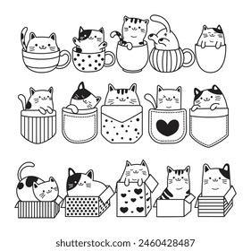 cat in cup, pocket, box, Cute cats doodle, hand drawn vector