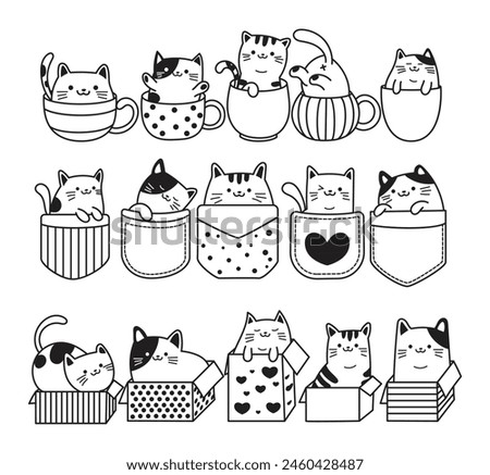 cat in cup, pocket, box, Cute cats doodle, hand drawn vector