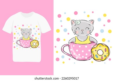 Cat in the cup. Print for children. textile t-shirt design trend. Vector illustration. Hand drawn cute cartoon character. Kids print.
