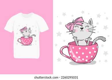 Cat in the cup. Print for children. textile t-shirt design trend. Vector illustration. Hand drawn cute cartoon character. Kids print.