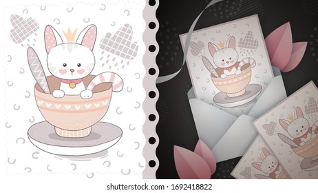 Cat in a cup of tea - idea for greeting card.