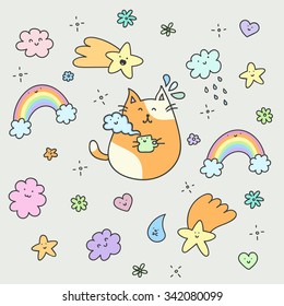 Cat with cup of tea and other elements: clouds, rainbow, flowers, stars, hearts. Vector illustration