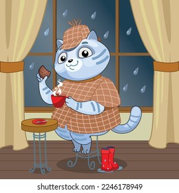 a cat with a cup of tea sits in a cozy cafe. it is raining outside the window