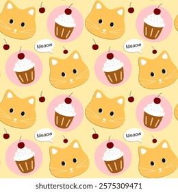 Cat, cupcake cherry on yellow background, fabric pattern, wrapping paper, notebook cover , seamless pattern 