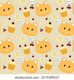 Cat, cupcake cherry on yellow background, fabric pattern, wrapping paper, notebook cover , seamless pattern 