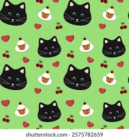 Cat, Cupcake, Heart, Cherry on Green Background, Fabric Pattern, Wrapping Paper, Notebook Cover, Sticker , seamless pattern 