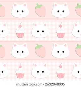 cat cupcake strawberry on pink background , fabric pattern , checkerboard , gift wrapping paper, seamless pattern 
