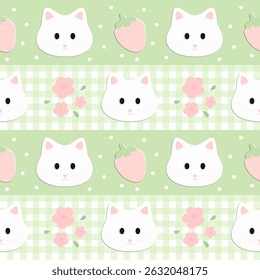cat  cupcake  strawberry on pink background , fabric pattern , checkerboard , gift wrapping paper, seamless pattern 
