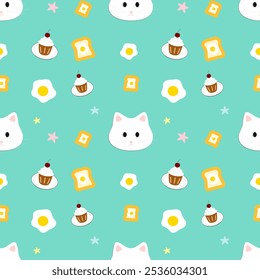 Cat , cupcakes on green background , seamless pattern 