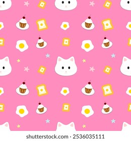 Cat , cupcakes on pink background , seamless pattern 